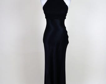 90's Vintage Black Satin Halter Top Prom Dress / Size Small