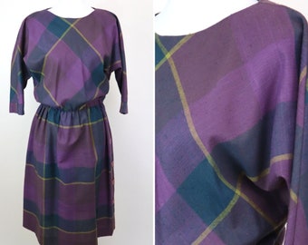 70's Vintage Purple Green Plaid Fit and Flare Secretary Dress / Dark Academia Fall Fashion / Size Large