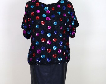 80's Vintage Beaded Sequin Glam Rock Black Rainbow Polka Dot Dance Top /  Size Medium