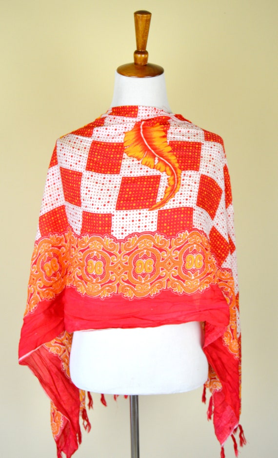 Vintage Orange Red and White Tassel Polka Print B… - image 2