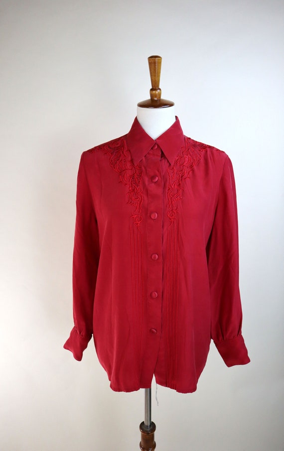 90's Red Silky Dress Shirt / Country Western Embr… - image 5