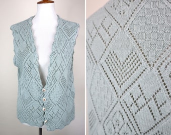 70's Sage Green Soft Knitted Sweater Vest / Boho Hippie Long Vest Top / Size Medium to Large