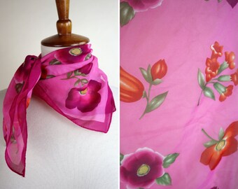 60's Pink n Red Romantic Sheer Floral Scarf / Cottagecore Square Hanky Scarf / 20 X 20 Inches