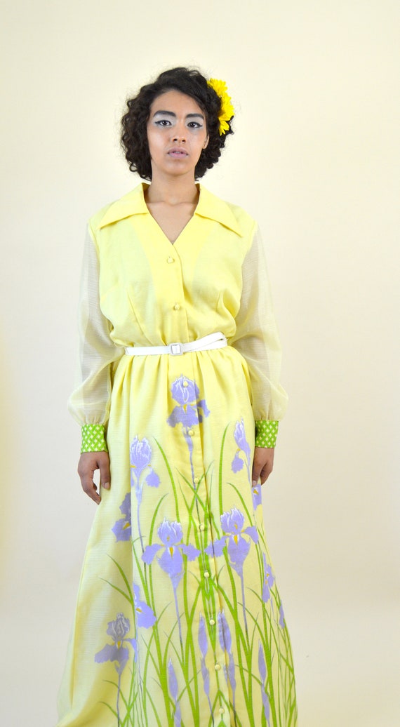 60's Yellow Iris Maxi Hawaiian Dress / RARE Alfre… - image 8