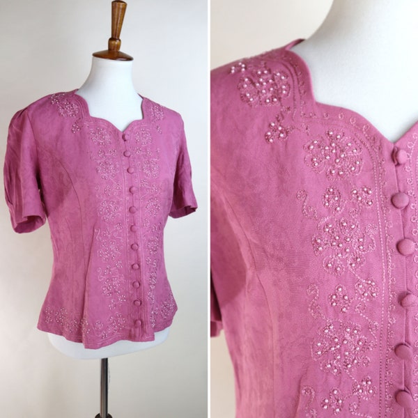 80's Mauve Pink Romantic Dressy Shirt / semi formal Princesscore embroidered blouse / Size Small to Medium