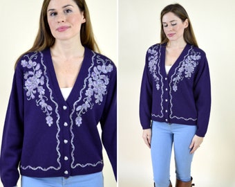 90's Dark Purple Floral Cottagecore Knitted Cardigan / Mori Girl V-Neck Long Sleeve Button Up Sweater / Women's Size Small