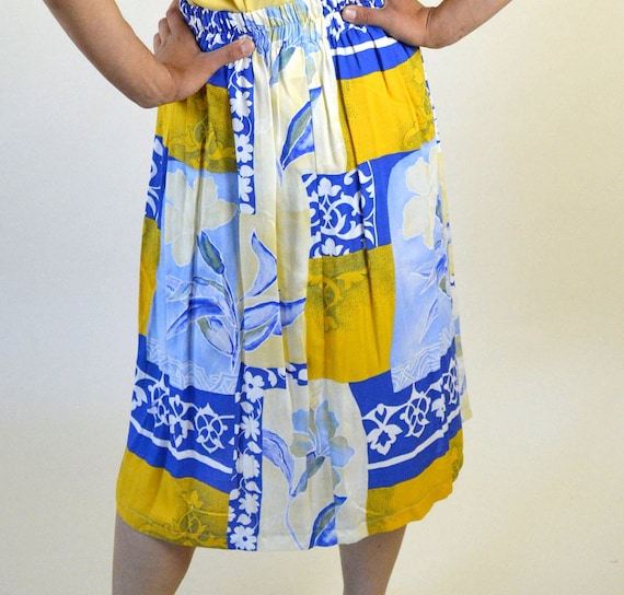 80's Yellow Patchwork Print Flowy Skirt / A-line … - image 9