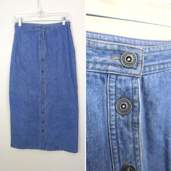 Button Front Denim Midi Skirt in Blue | Klass