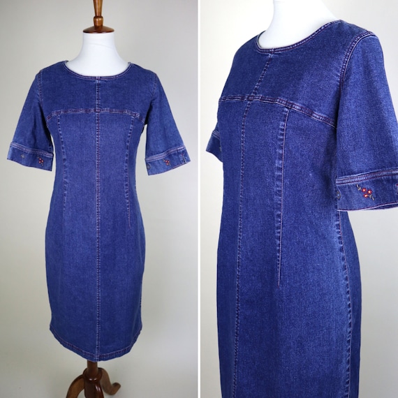 90's Denim A-line Midi Dress / Cute Fun 1990's Li… - image 1