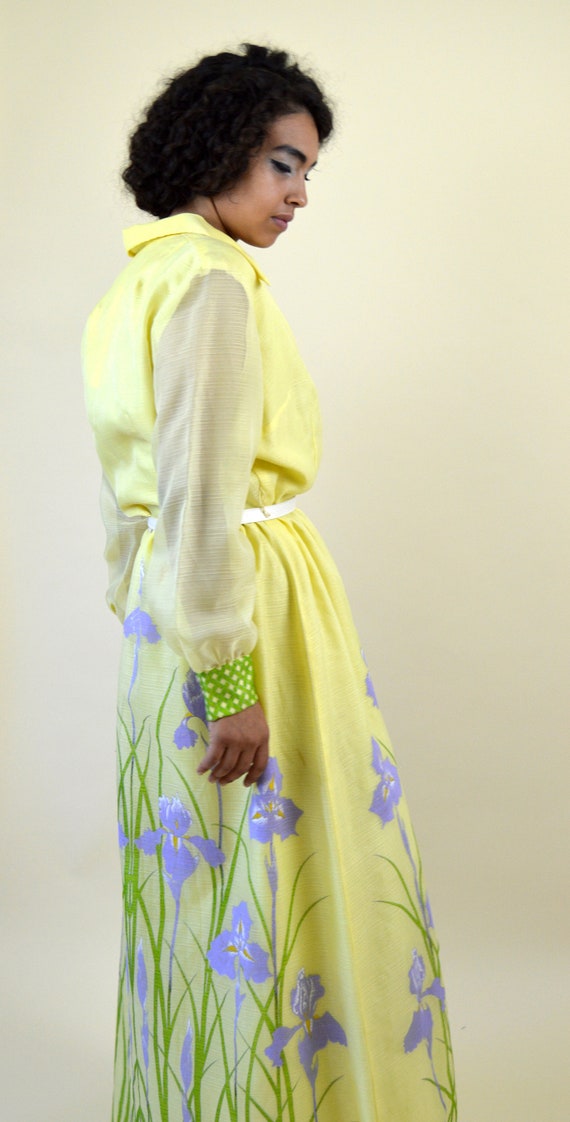 60's Yellow Iris Maxi Hawaiian Dress / RARE Alfre… - image 7