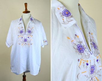 60's White Embroidered Hippie Shirt / Purple Floral Embroidery Cotton Summer Shirt / boho groovy Festival Top / Size Xlarge