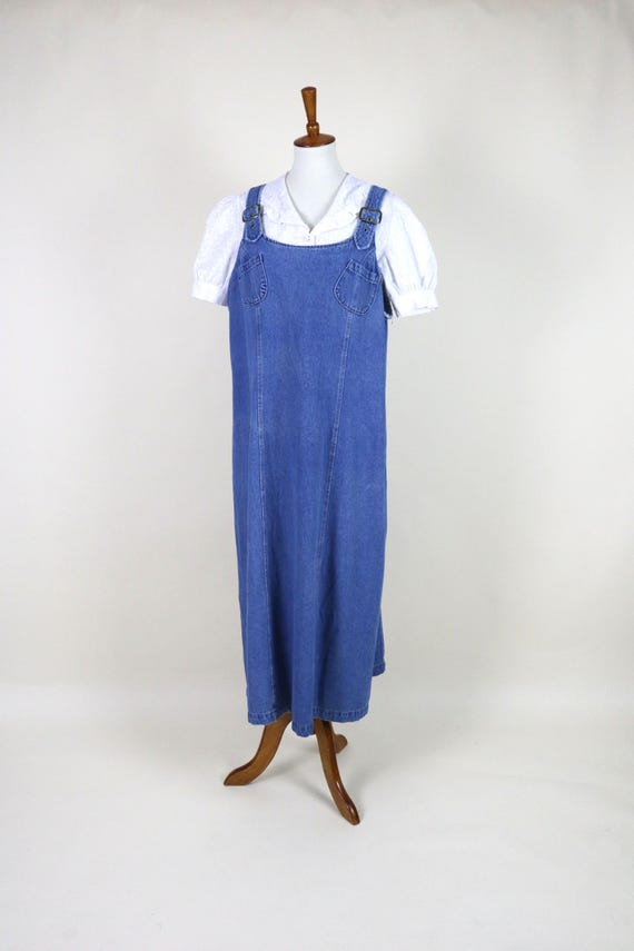90's Blue Denim Overall Smock Dress / Size XL to XXL