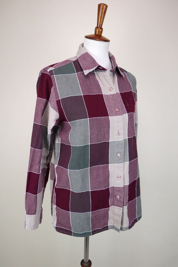 90's Red and Beige Block Plaid Cotton Shirt / Lon… - image 6