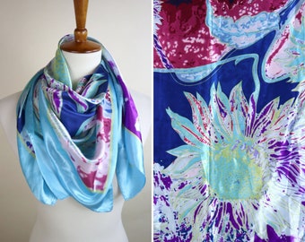 90's Blue Macro Floral Satin Fashion Square Scarf / Bright Bold Silky Wrap / Vintage gift for her / Size 35X35 Inches