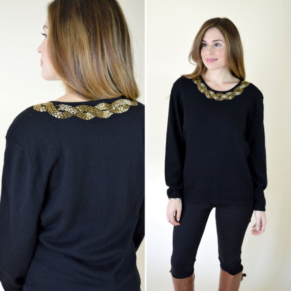 Vintage 1970's Jaeger Black and Gold Beaded Neckl… - image 1