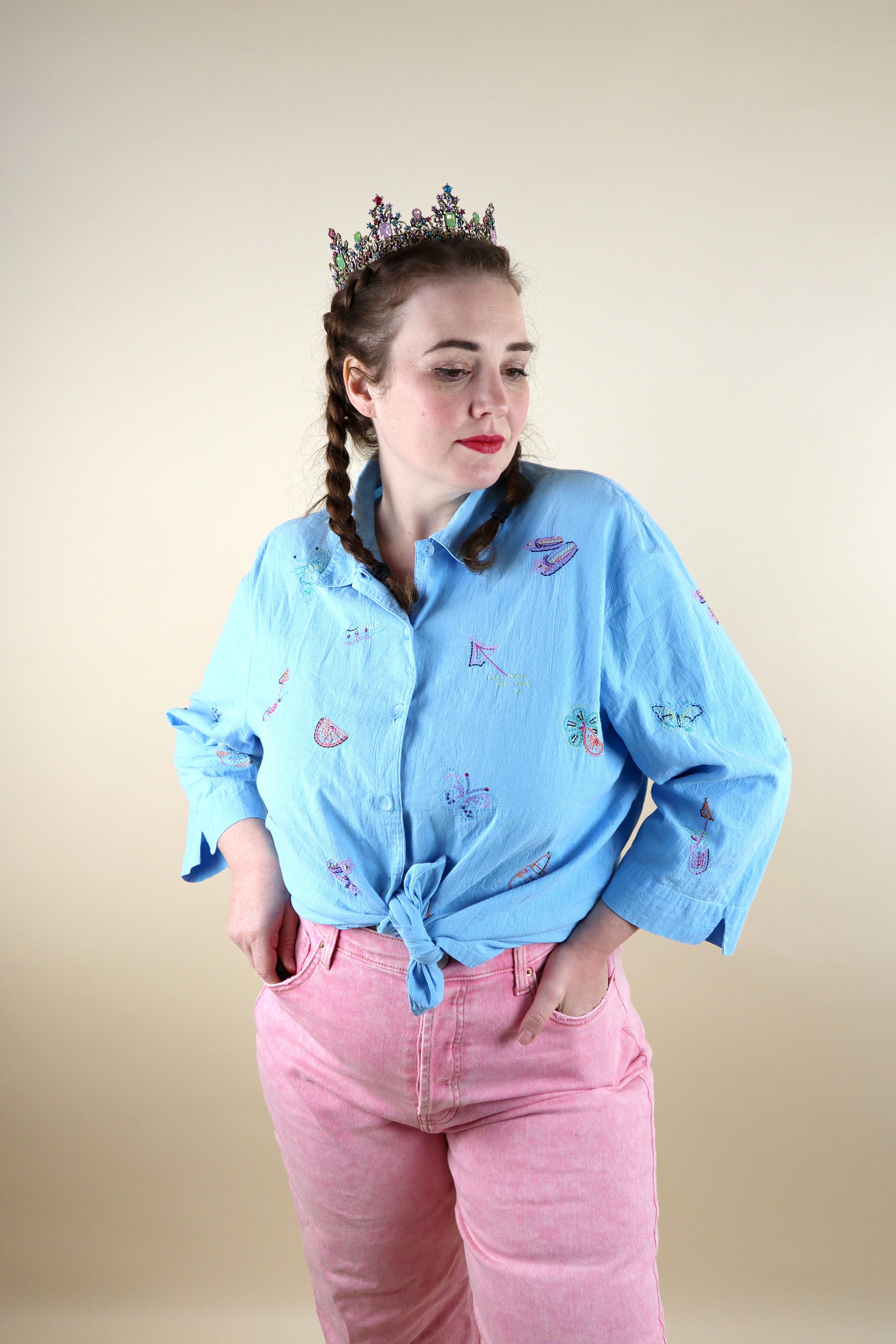 90's Vintage Bright Blue Summer Embroidered Kitschy Shirt Etsy