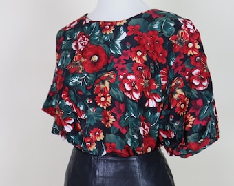 90's Vintage Red and Black Floral Silk  Shirt / Size Large