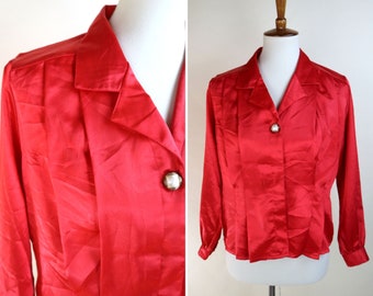 80's Lipstick Red Satin Dressy Secretary Blouse / Bombshell Femme Fatale Dress Shirt / Size Small Medium