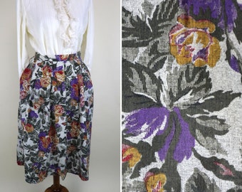 80's Purple Rose A-line Midi Skirt / Cottagecore Romantic Revival Country Summer Skirt / Women's Size Small to Medium / 28 Inch Waist