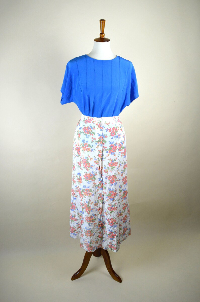 Shabby Chic Mori Girl Button up Full Length A-line Skirt Size Medium 90/'s Vintage Cream Floral Rayon Grunge Skirt 30 Waist