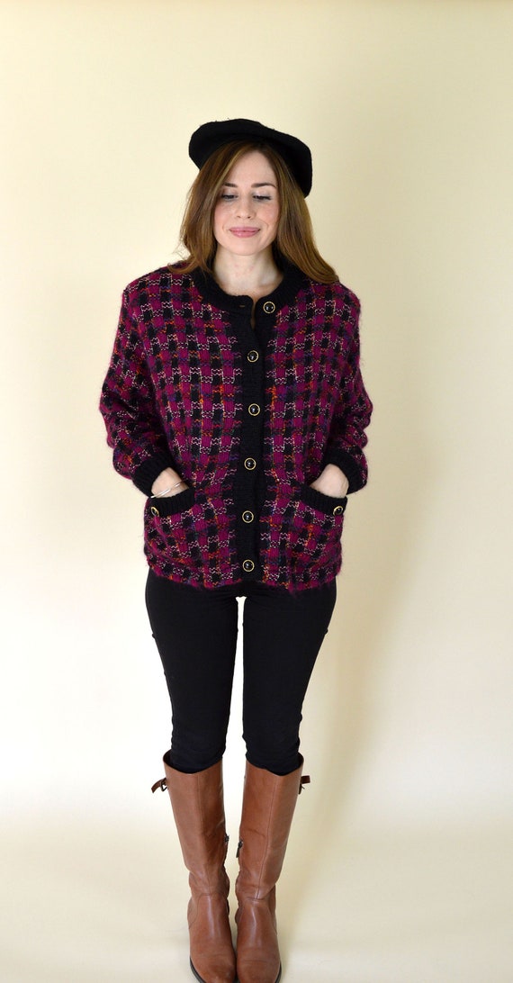 80's Vintage Black and Purple Mod Checked Plaid B… - image 2