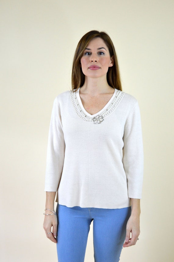 90's Cream Beaded Knitted Sweater Top / Romantic … - image 7