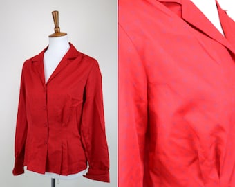 70's Red Hippie Secretary Blouse / Peplum Style Light Academia Dress Shirt / Size Medium to Large