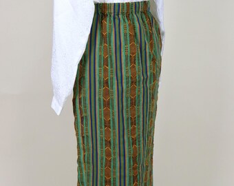 1970er Jahre Vintage Grün und Gold Boho Midi Bleistift Rock / Größe Small