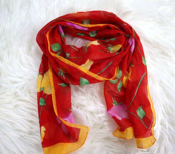 Red Orange Floral Long Neck Scarf / Sweet Romanti… - image 3