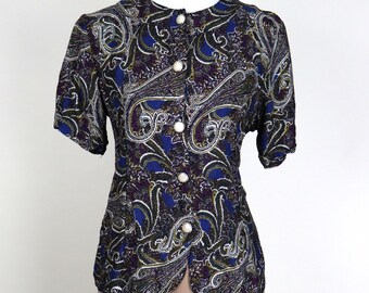 80's Vintage Blue Paisley Button Down Dressy Shirt / Size Small Medium