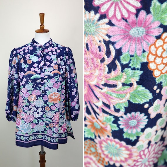 70's Blue Dahlia Floral Tunic Top / Sheer Lightwe… - image 1