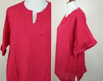 80's Vintage Reddish Pink Pullover Hippie Boho Blouse / Casual Summer Pullover Top / Oversized Large