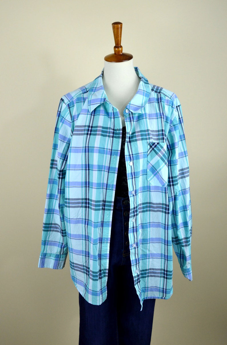 Vintage 90/'s Blue and White Cotton Summer Plaid Shirt Long Sleeve Button up Top Spring Fashion Country Girl Mori Girl Size XXLarge