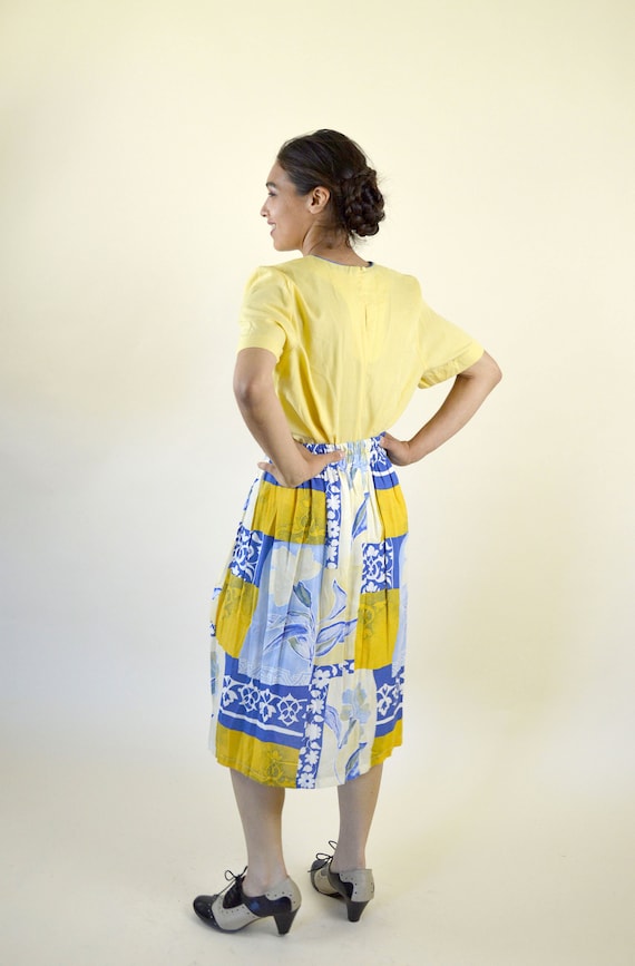 80's Yellow Patchwork Print Flowy Skirt / A-line … - image 3
