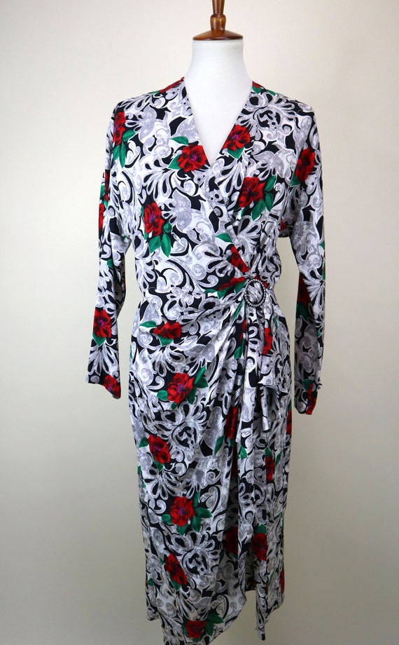 80's Rose Print SILK Faux Wrap Dress / Semi Forma… - image 4