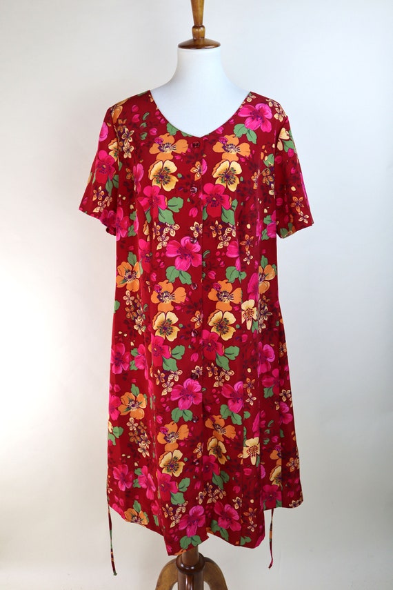 90's Red Hawaiian Floral Casual Summer Dress / Bo… - image 9