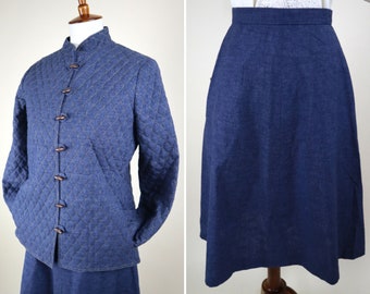 70's Quilted Jacket Skirt Combo Set / Cotton Chambray Cottagecore Skirt Suit / Folk  Romantic Revival / Women's Size Small