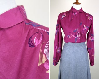 70's Mauve Purple Floral Secretary Blouse / Sweet Romantic Cottagecore Mori girl Top / Light Academia Dress Shirt / Size Medium