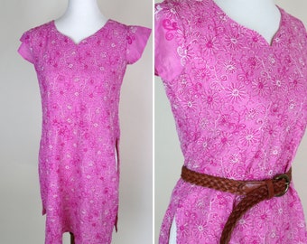 70's Pink Embroidered Tunic Dress / Short Length New Age Fairycore Summer Dress / Women's Size Small Medium