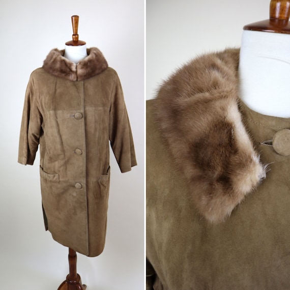 Vintage 1960's Leather Fur collar Winter Coat / R… - image 1
