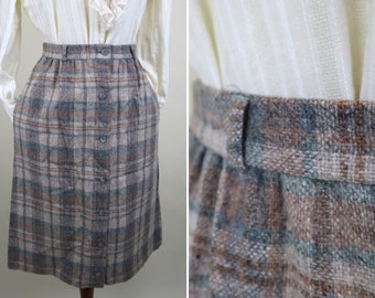 Light Academia Tartan Plaid Wool A-line Skirt / Gray Brown Autumnal Fall Fashion Skirt  / Patty Woodard Label /  Size Small / 27 inch waist