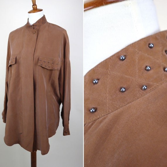 90's Brown Silk Oversized Dressy Blouse / Beaded … - image 1