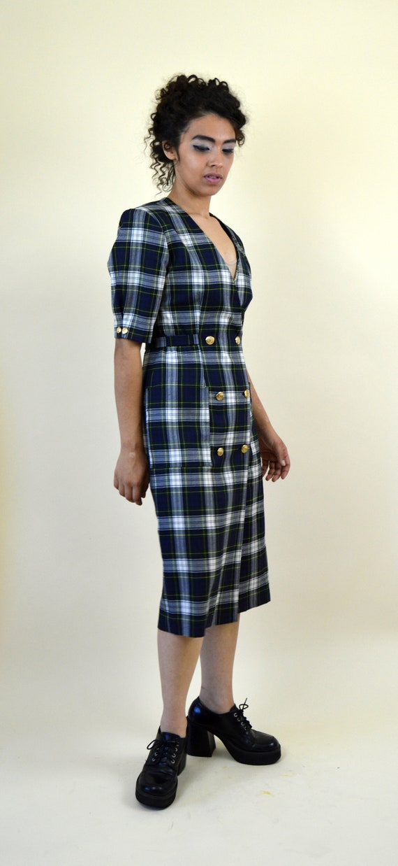 Vintage 80s Green Dark Academia Tartan Plaid  Dre… - image 4