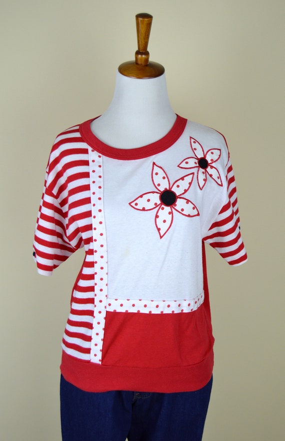 80's Red and White Casual Rockabilly Sweater Top … - image 9