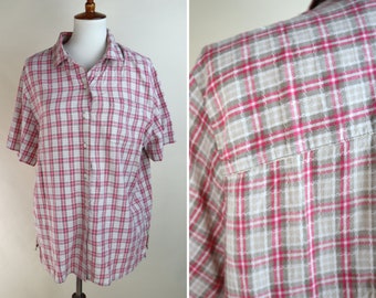 80's Cute Pink Beige Vintage Plaid Summer Shirt / Button down country girl top / Size Xlarge to 1X