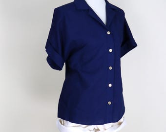 70's Vintage Navy Blue Lee Mar Casual Button Down Retro Blouse / Size Medium Large