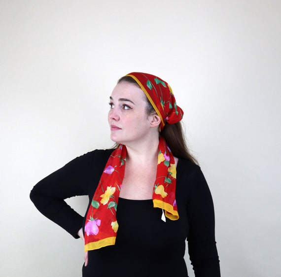 Red Orange Floral Long Neck Scarf / Sweet Romanti… - image 6