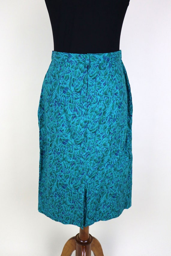 50's 60's Blue Green Leaf Print A-line Skirt / Mi… - image 2