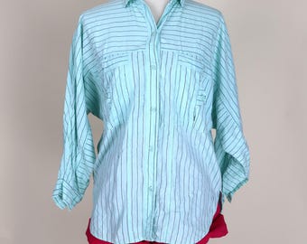 80's 90's Minty Teal Blue and Black Pinstriped Retro Casual Shirt / Size Large