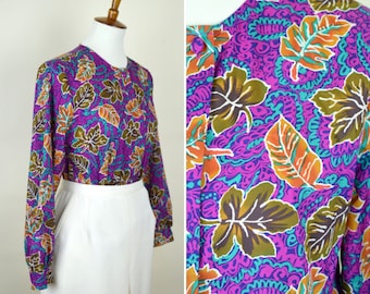 80's Tropic Print Secretary Blouse / Vintage Vibrant Bright Statement Dressy Shirt / Women's Size Small